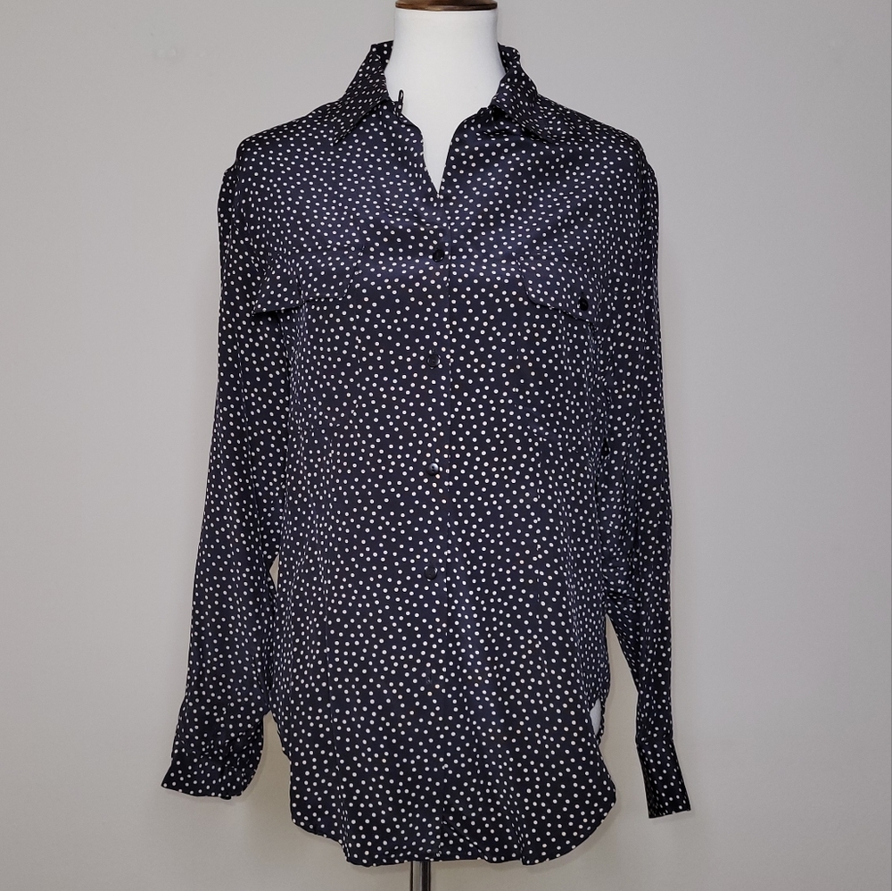 VTG Abercrombie & Fitch Black/Gold Spotted Collared Button-Down Silk Blouse - 8